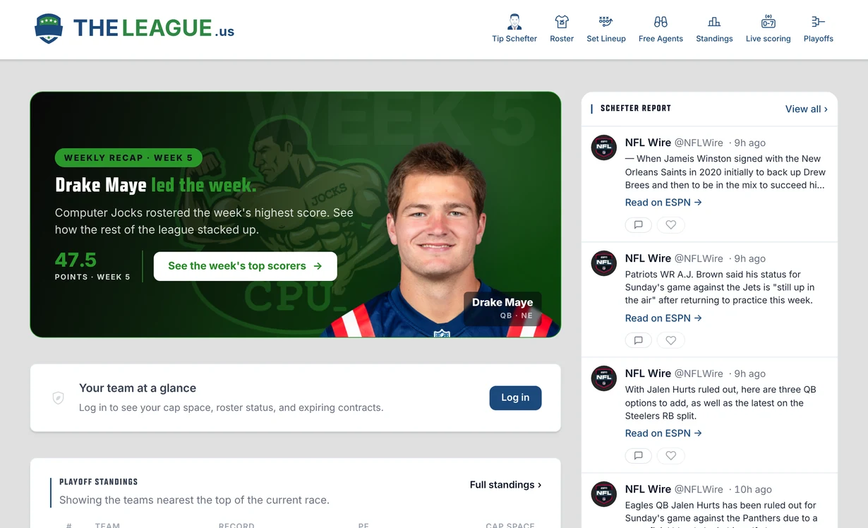 TheLeague's league site, built on MFL.football, with its weekly recap hero in the winning team's colors