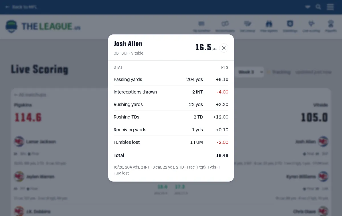 A Live Scoring matchup with a player's stat sheet open, listing his passing, rushing and fumble stats above the official total.